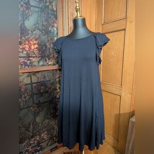 LOFT Navy Blue Midi Dress with Ruffle Sleeves